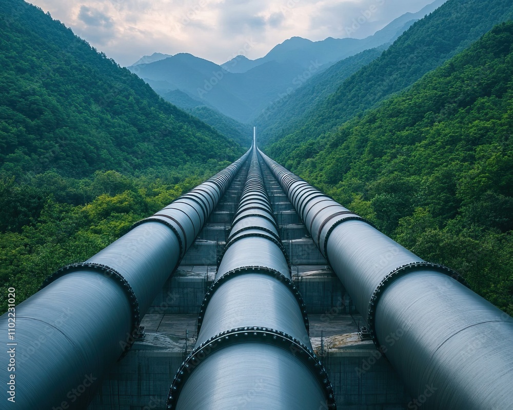 A scenic view of large pipelines stretching through a lush valley, framed by mountains under a cloudy sky. A scenic view of large pipelines stretching through a lush valley, framed by mountains under a cloudy sky.