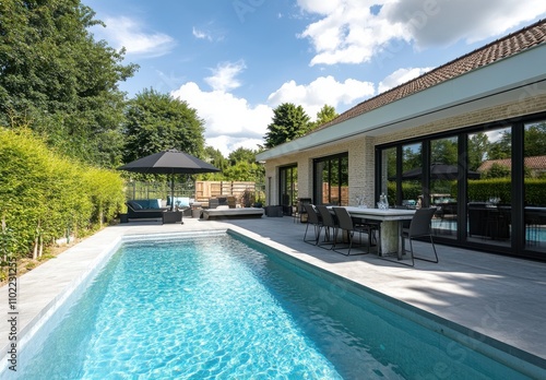 Modern Outdoor Poolside Area with Luxurious Lounge Furniture and Lush Greenery Surrounded by Blue Skies and Bright Sunlight in a Tranquil Residential Setting