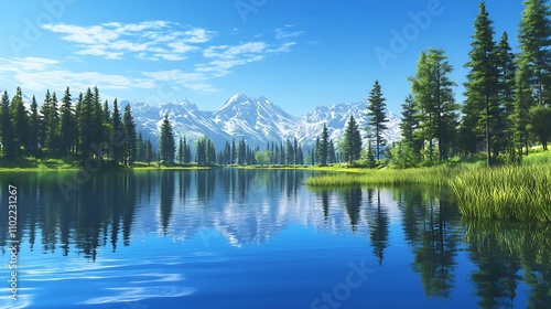 Clear mountain lake surrounded by lush trees and snow-capped peaks under a serene blue sky