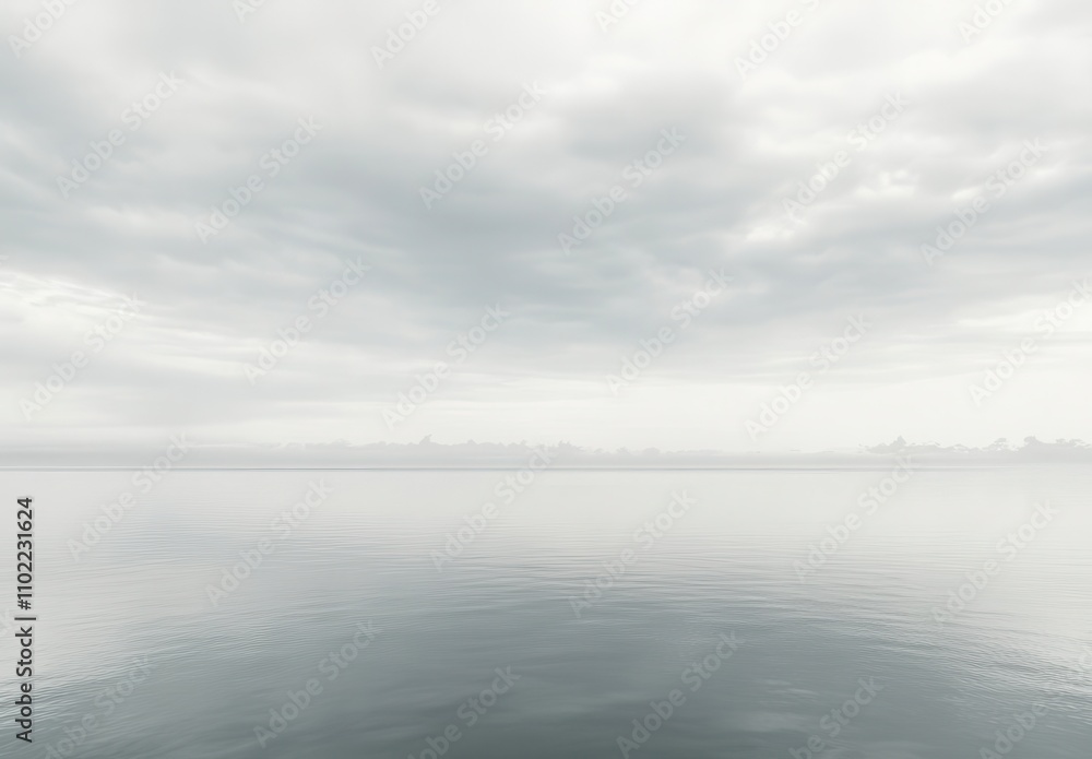 Fototapeta premium Serene Misty Lake Scene with Calm Water Reflection under Overcast Sky, Capturing the Tranquility of Nature and Evoking a Sense of Peace