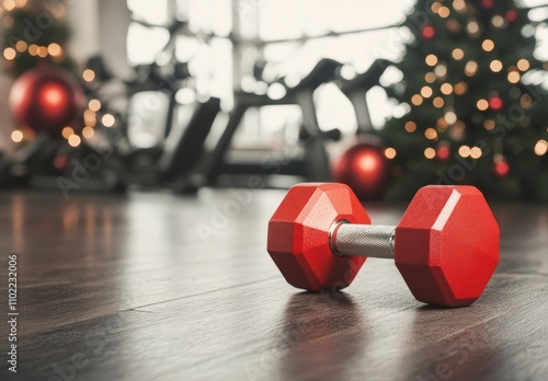 gym weights with christmas lights in the background