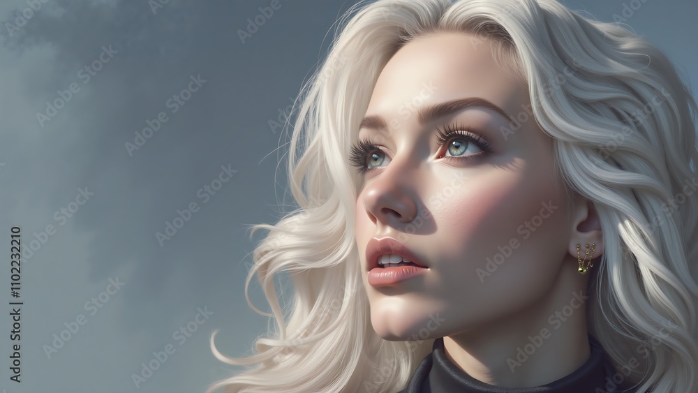 Fototapeta premium A woman with blonde hair and blue eyes is looking up at the sky