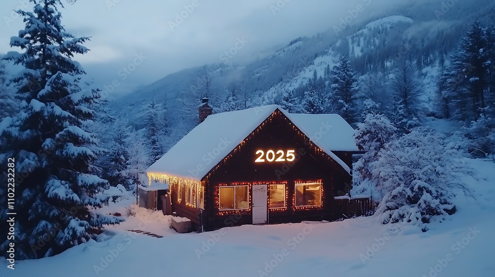 Cozy mountain cabin adorned with holiday lights in a winter wonderland during evening twilight Cozy mountain cabin adorned with holiday lights in a winter wonderland during evening twilight
