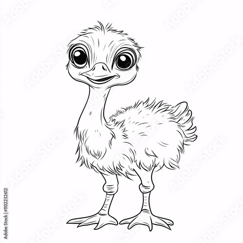 Cute Cartoon Ostrich Character with Big Eyes and Fluffy Feathers for kid's coloring page outline on white background photo