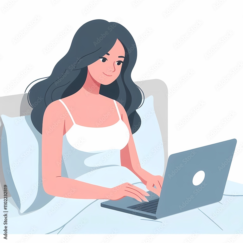 Minimalistic flat style illustration of a woman using a laptop in bed, set against a clean white background. Perfect for remote work, relaxation, and lifestyle-themed designs. Minimalistic flat style illustration of a woman using a laptop in bed, set against a clean white background. Perfect for remote work, relaxation, and lifestyle-themed designs.