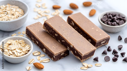 A set of protein bars unwrapped, laid out with their ingredients like oats, chocolate chips, and nuts. photo