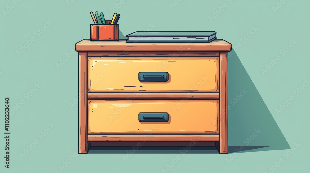 wooden file cabinet with two drawers, notebook, and stationery. This illustration features clean lines and modern design, perfect for office or study settings wooden file cabinet with two drawers, notebook, and stationery. This illustration features clean lines and modern design, perfect for office or study settings