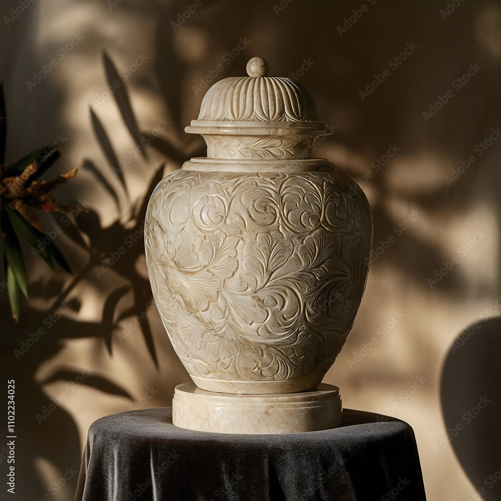 Naklejka premium Personalized urn crafted from hand-carved marble is displayed on a velvet pedestal. Intricate patterns adorn the surface, while soft shadows enhance its texture and design