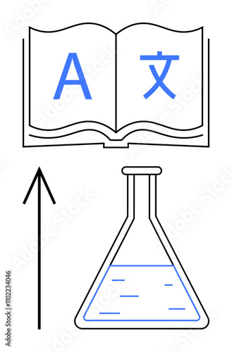 Open book with dual-language symbols above laboratory flask, black upward arrow between. Ideal for education, language learning, science communication, bilingual education, STEM, research