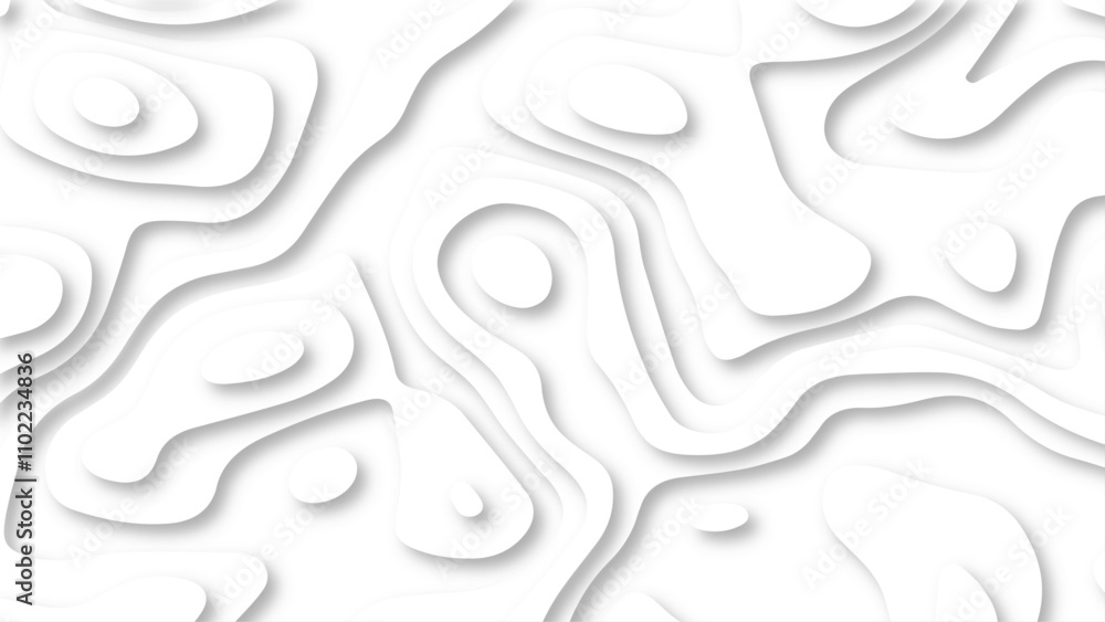 Abstract 3d wavy line paper cut white background. Topographic canyon geometric map relief texture with curved layers and shadow. Abstract 3d wavy line paper cut white background. Topographic canyon geometric map relief texture with curved layers and shadow.