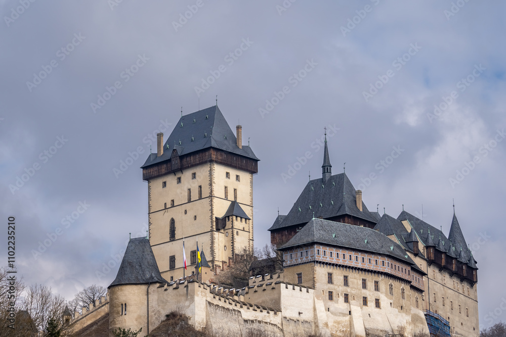 Karlštejn Castle - gothic castle in Bohemia, Czech Republic founded in 1348 by King Charles IV. Burg Karlstein. Karlštejn Castle - gothic castle in Bohemia, Czech Republic founded in 1348 by King Charles IV. Burg Karlstein.