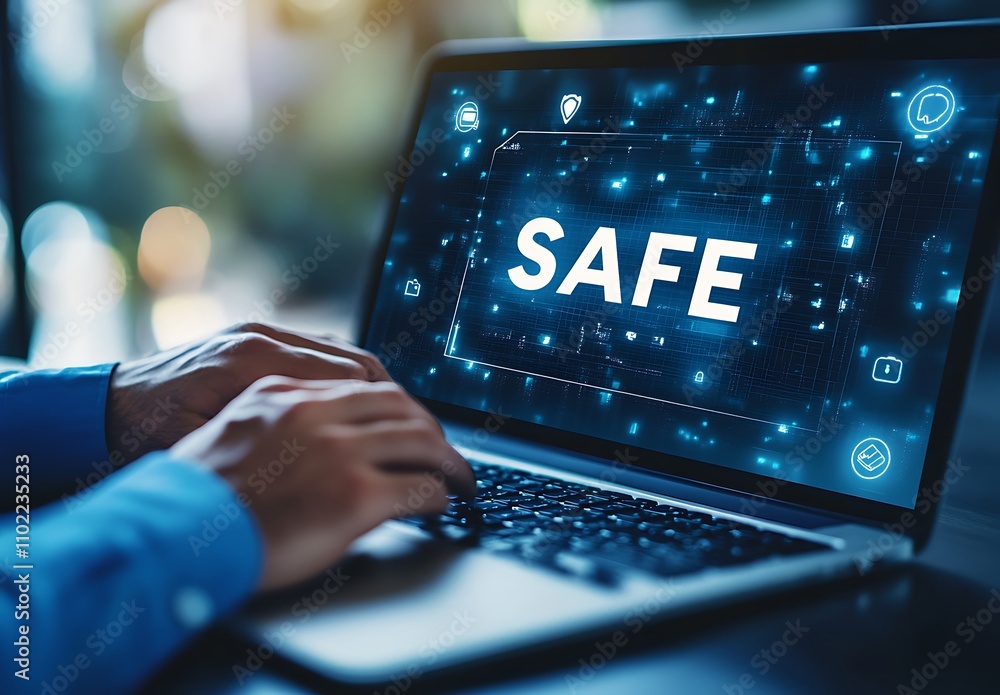 Engaging with technology on a laptop while ensuring online safety through digital icons and a secure display