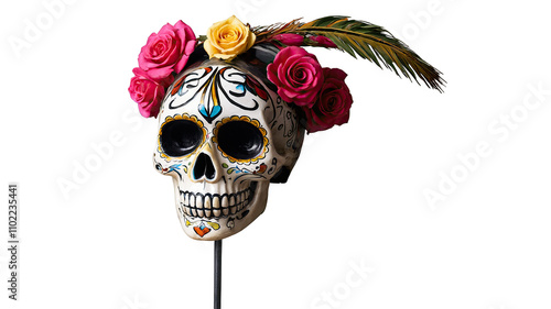 Decorative Sugar Skull with Roses and Feathers  
 photo