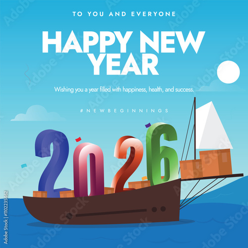 Happy new year 2026. 2026 conceptual banner to celebrate New year with 2, 0, 2, 6 on boat arriving soon. Courier services themed new year post. Celebration banner, social media post, and flyer.