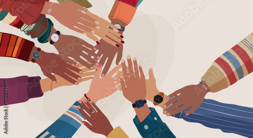 Group hands on top of each other of multicultural people. Community teamwork cooperation or ethnicity concept. Equality diversity inclusion. Diverse culture. Agreement between colleagues