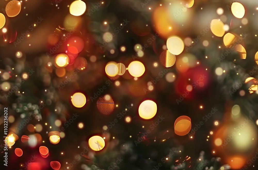 Blurred Christmas tree with golden and red ornaments. Abstract background for design, greeting card, or banner. Shallow depth of field Christmas lights background Blurred Christmas tree with golden and red ornaments. Abstract background for design, greeting card, or banner. Shallow depth of field Christmas lights background