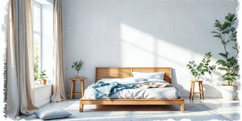 Obraz premium Watercolor Illustration of Bedroom Interior Design with Space for Text