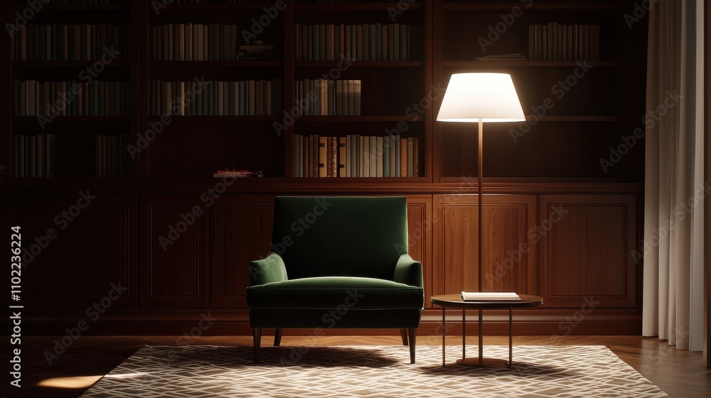 Cozy reading nook home library interior design warm ambiance eye-level view serenity and comfort Cozy reading nook home library interior design warm ambiance eye-level view serenity and comfort