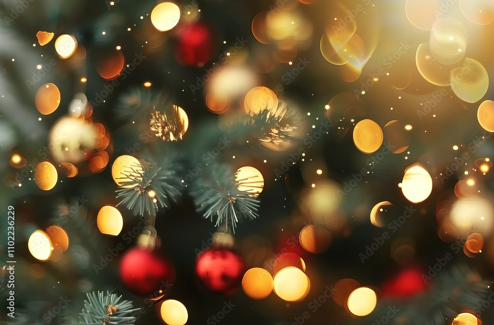 Blurred Christmas tree with golden and red ornaments. Abstract background for design, greeting card, or banner. Shallow depth of field Christmas lights background Blurred Christmas tree with golden and red ornaments. Abstract background for design, greeting card, or banner. Shallow depth of field Christmas lights background