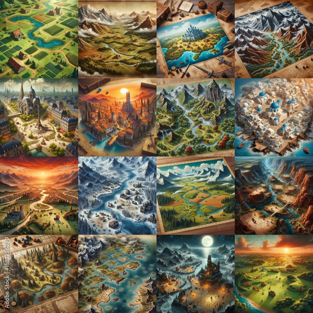 Fototapeta premium Different Battlemaps landscapes illustration. AI generated illustration