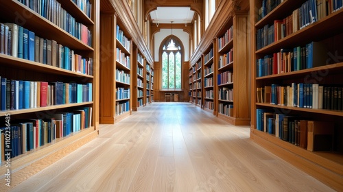 Serene Library Interior with Tall Bookshelves Displaying Colorful Books and Natural Light Filtering Through Large Windows in a Timeless Setting