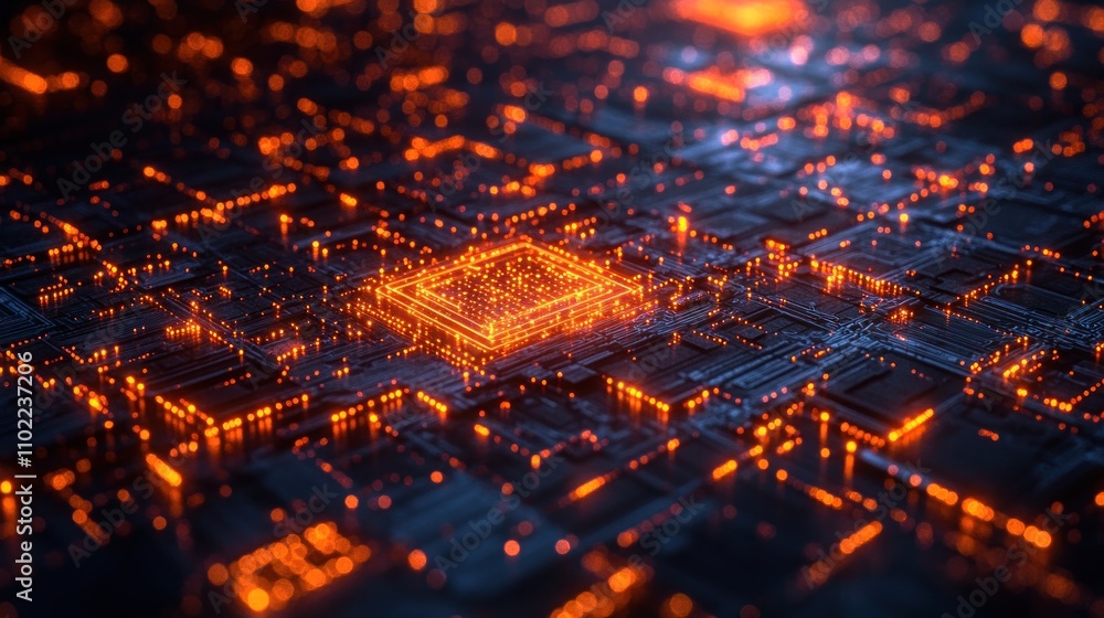 A glowing central processor on a futuristic circuit board. A glowing central processor on a futuristic circuit board.