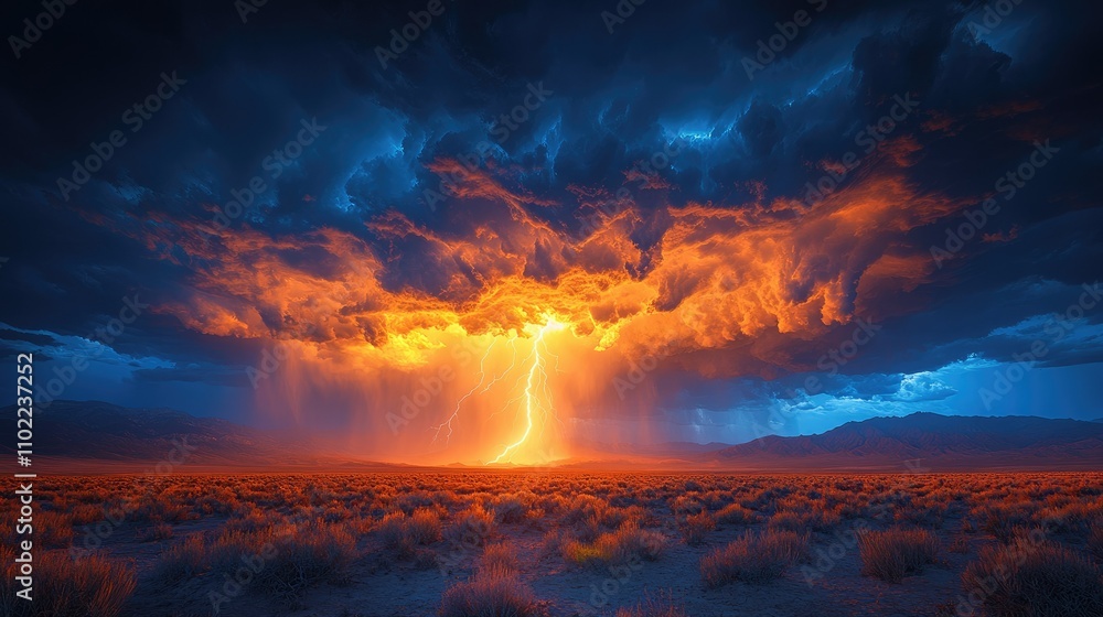 A dramatic lightning storm illuminates the sky over a desert landscape at dusk. A dramatic lightning storm illuminates the sky over a desert landscape at dusk.