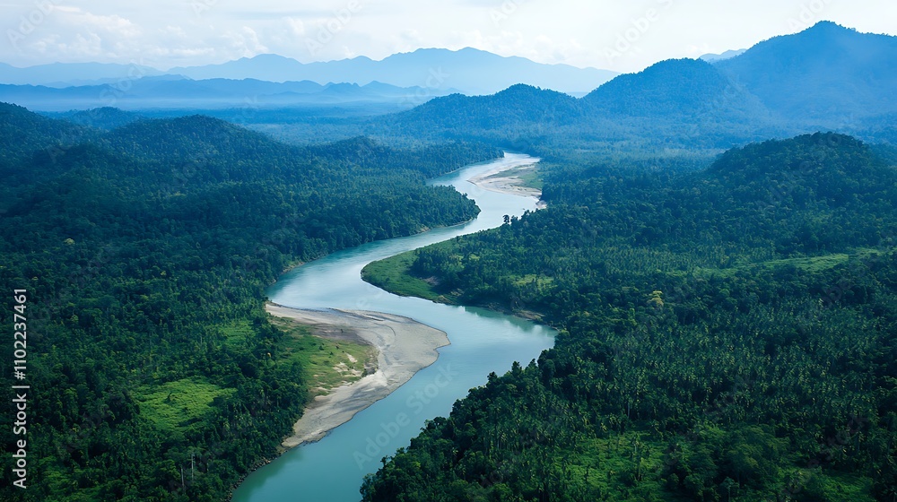 Winding river flowing through dense tropical forest under a clear blue sky in a remote landscape Winding river flowing through dense tropical forest under a clear blue sky in a remote landscape