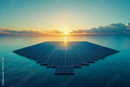 A huge solar farm floating in the calm ocean waters on a sunny day with the solar panels reflecting the sunlight photo