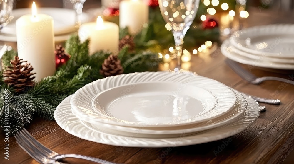 Modern minimalist dining table set for Christmas, with elegant white plates, natural greenery, and candles adding a festive touch. Modern minimalist dining table set for Christmas, with elegant white plates, natural greenery, and candles adding a festive touch.