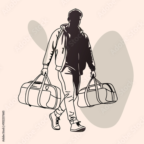a black silhouette of a man walking with two large duffel bags in his hands
