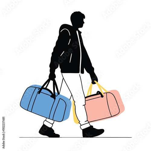 a black silhouette of a man walking with two large duffel bags in his hands