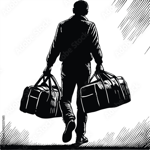 a black silhouette of a man walking with two large duffel bags in his hands