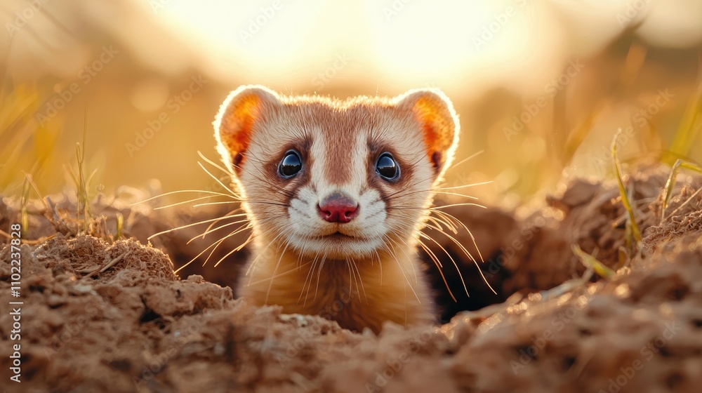 Cute Meadow Animal Popping Its Head Out of Burrow at Sunset, Captured in Soft Warm Light with Fluffy Fur and Big Eyes, Showcasing Nature's Wildlife Wonders Cute Meadow Animal Popping Its Head Out of Burrow at Sunset, Captured in Soft Warm Light with Fluffy Fur and Big Eyes, Showcasing Nature's Wildlife Wonders