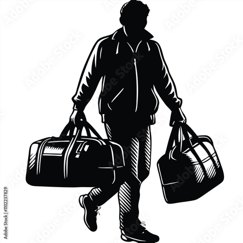 a black silhouette of a man walking with two large duffel bags in his hands