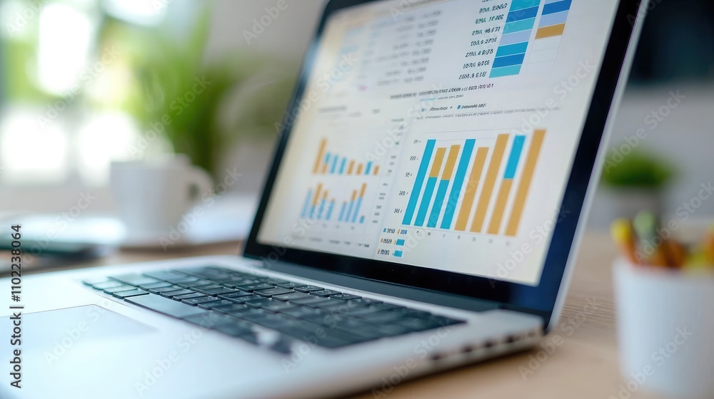 Detailed Analysis of Business Metrics on Laptop Screen with Colorful Graphs and Charts in an Office Setting, Emphasizing Data Visualization and Productivity Detailed Analysis of Business Metrics on Laptop Screen with Colorful Graphs and Charts in an Office Setting, Emphasizing Data Visualization and Productivity