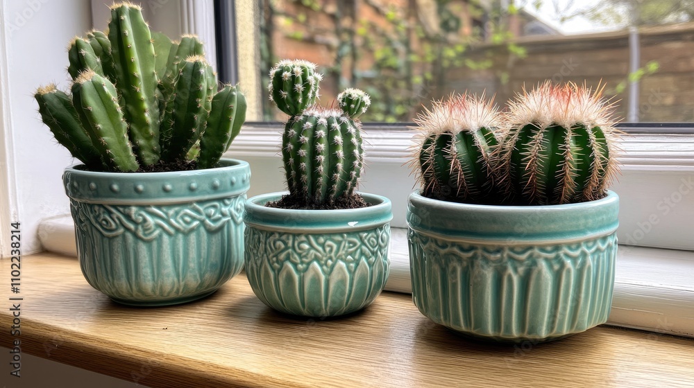 Three cactus plants of different sizes in matching pots, neatly arranged on a wooden windowsill.