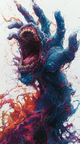  a painting of a monster with its mouth open and flames coming out of it, set against a white background It is an animated image, likely from the Marvel Comics univ photo