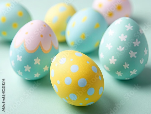 Painted easter eggs decorated with dots and flowers on pastel mint background. 