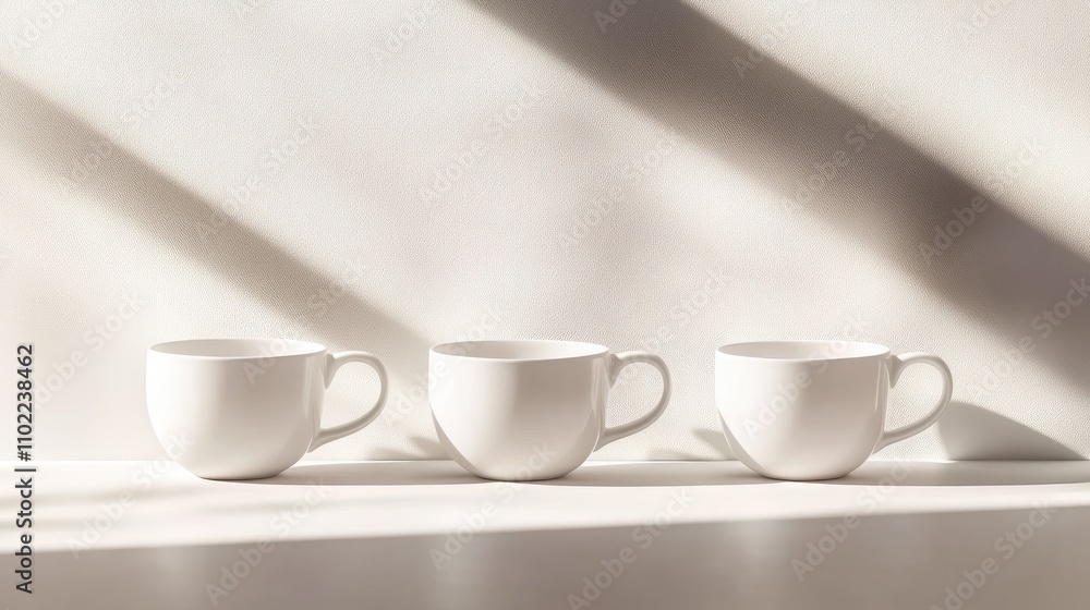 Three coffee cups labeled small, medium, and large, lined up on a clean white surface with subtle shadows. Three coffee cups labeled small, medium, and large, lined up on a clean white surface with subtle shadows.
