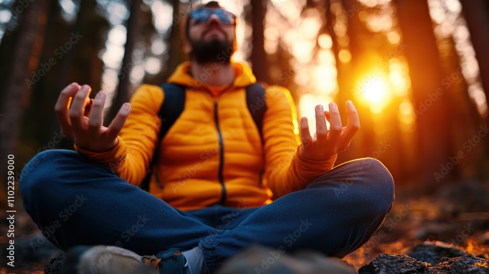 A man meditates in a serene forest, basking in the warm glow of the sunset, symbolizing inner peace, mindfulness, and the tranquility of nature's beauty. A man meditates in a serene forest, basking in the warm glow of the sunset, symbolizing inner peace, mindfulness, and the tranquility of nature's beauty.