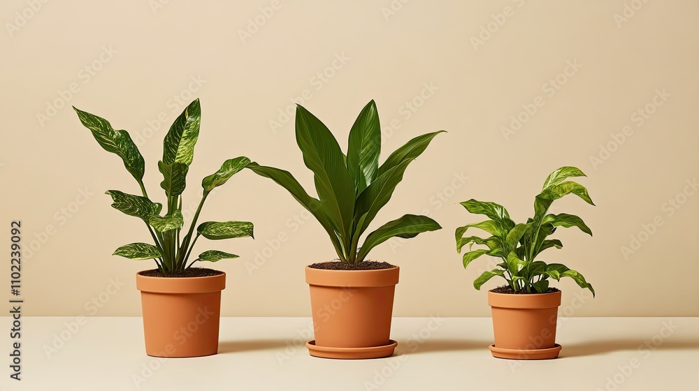 Three house plants of varying sizes placed side by side in minimalist pots, showing small, medium, and large growth stages. Three house plants of varying sizes placed side by side in minimalist pots, showing small, medium, and large growth stages.