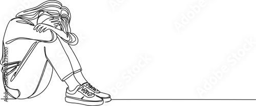 continuous single line drawing of sad woman sitting on floor covering face with hands, line art vector illustration
