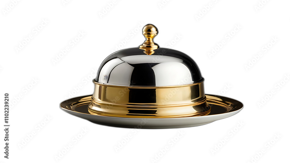 Silver serving cloche raised above empty golden plate Silver serving cloche raised above empty golden plate