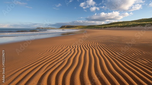 beach waves and ocean concept. Serene beach with rippled sand and gentle waves under a blue sky.