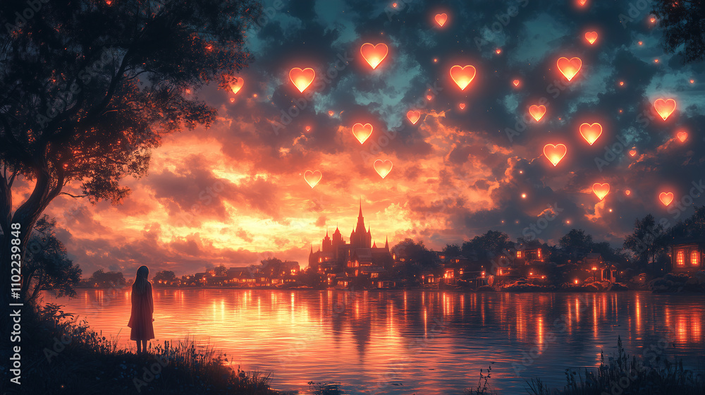 Sunset over the lake with heart-shaped lanterns illuminating a dreamy landscape. Generative AI Sunset over the lake with heart-shaped lanterns illuminating a dreamy landscape. Generative AI