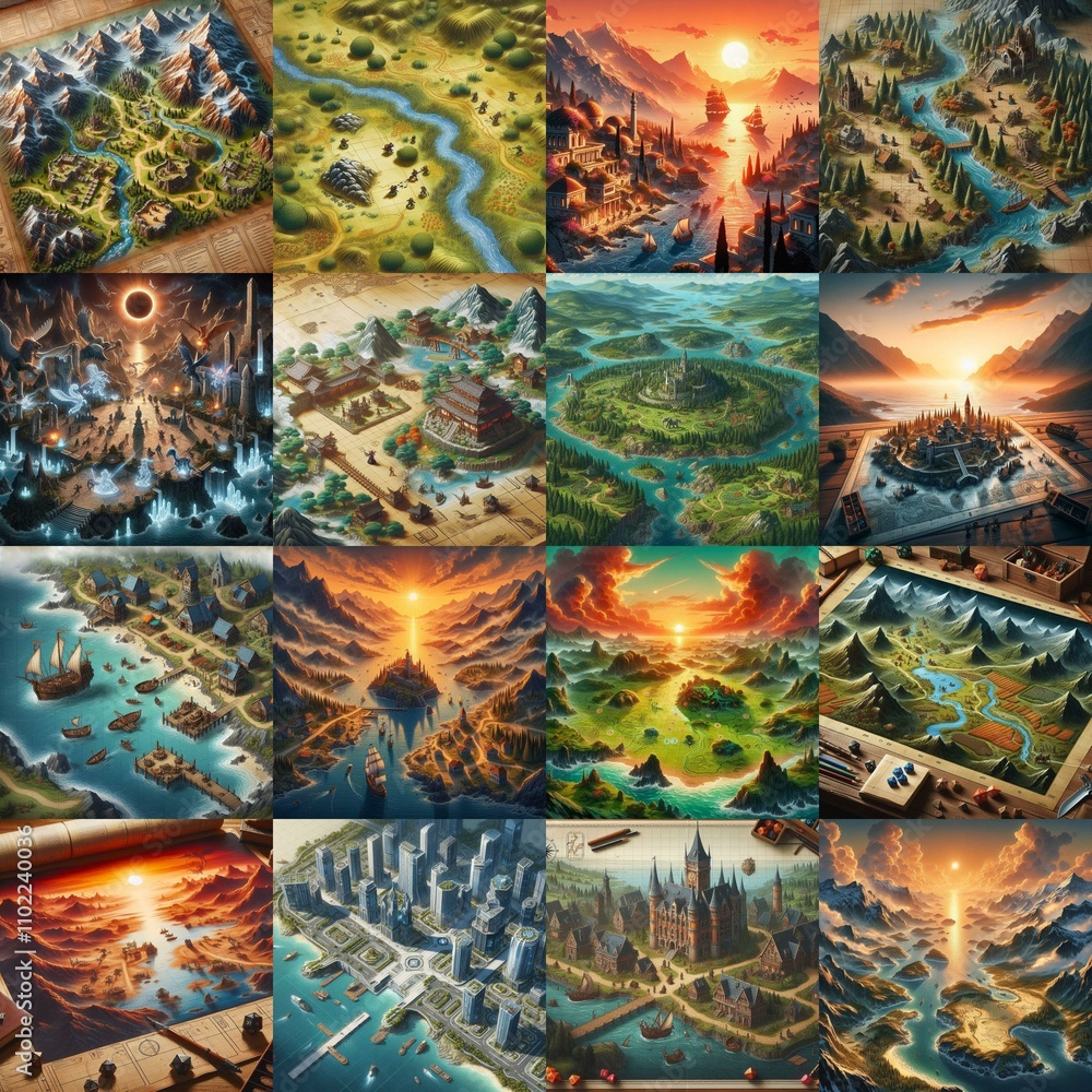 Fototapeta premium Different Battlemaps landscapes illustration. AI generated illustration