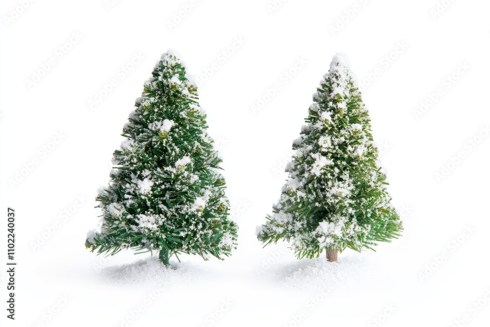 Two small snow-covered Christmas trees isolated on a white background. Two small snow-covered Christmas trees isolated on a white background.