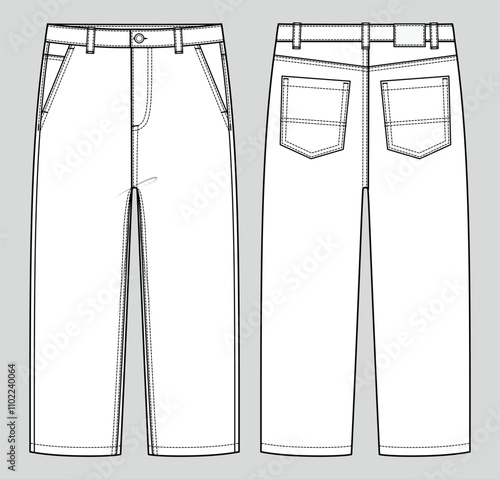 Skater fit comfort jeans. Men's denim wear. Vector technical sketch. Mockup template.