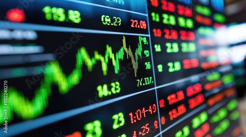 Financial Market Data Display with Colorful Stock Ticker and Graphs Showing Fluctuations of Various Stocks, Indices, and Economic Indicators in Real-Time